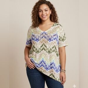 Alfred Dunner V-Neck Chevron Tie-Dye Short Sleeve Top Multicolor Womens Sz 3x